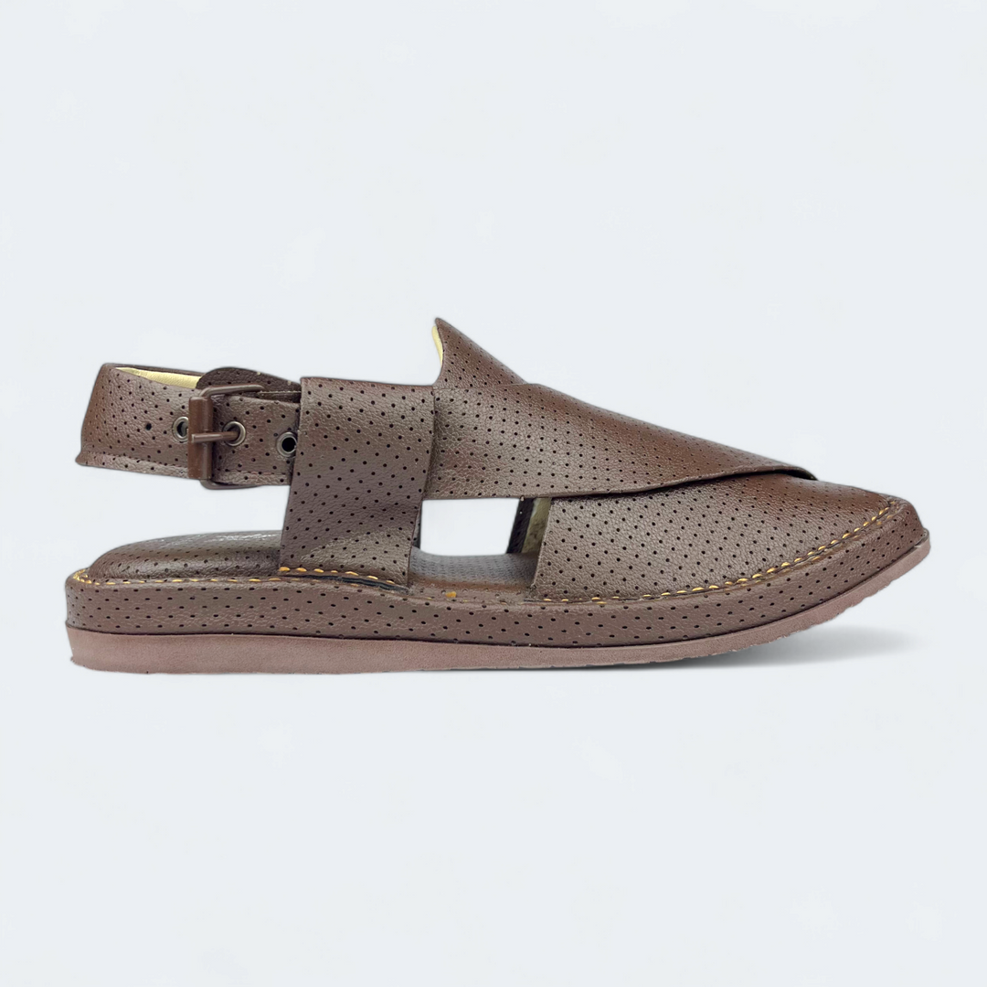 Brown sandal with a strap on a light gray background